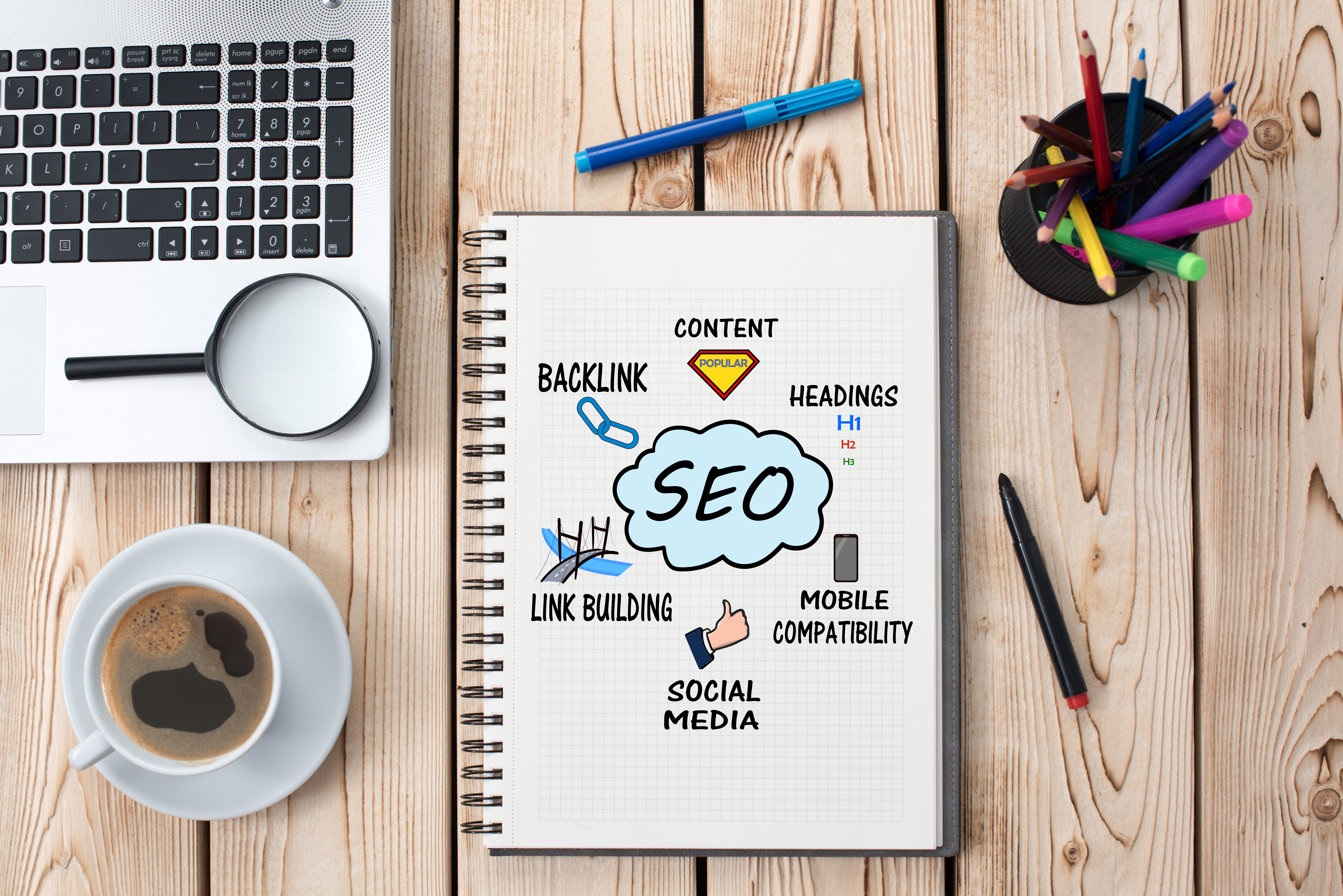 SEO notebook on desktop